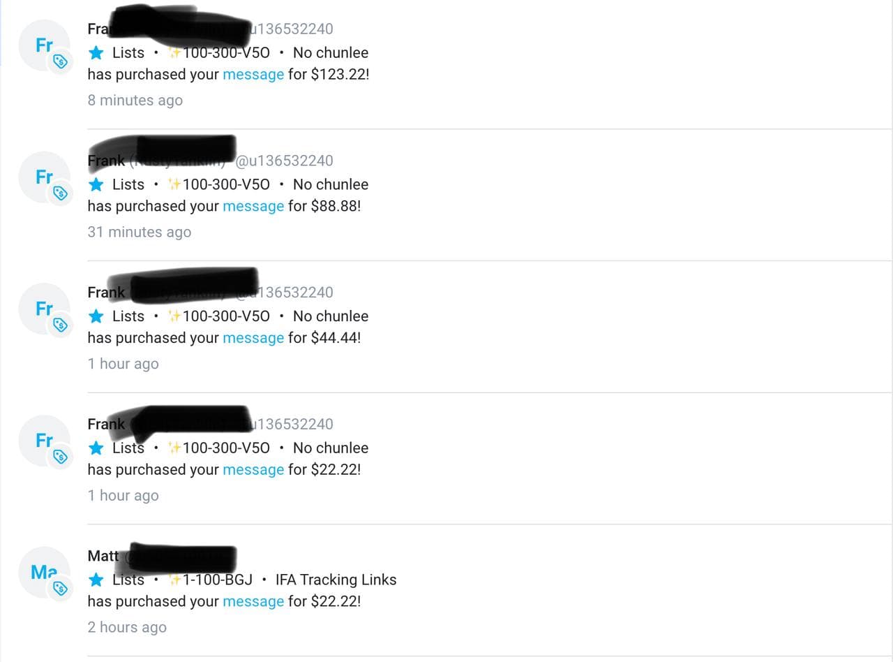 Live message purchases — $123.22, $88.88, $44.44 and $22.22 inside two hours.