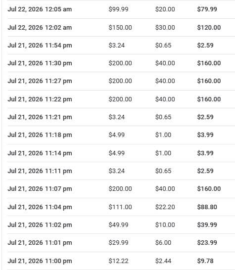 Raw transaction ledger — repeated $200 sends across a single evening.